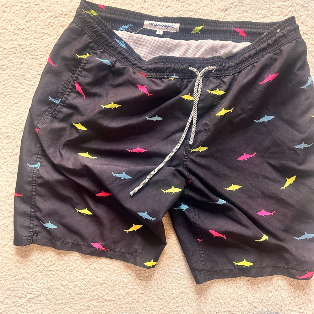 Black and Yellow Swim Trunks with Playful Fish Design
